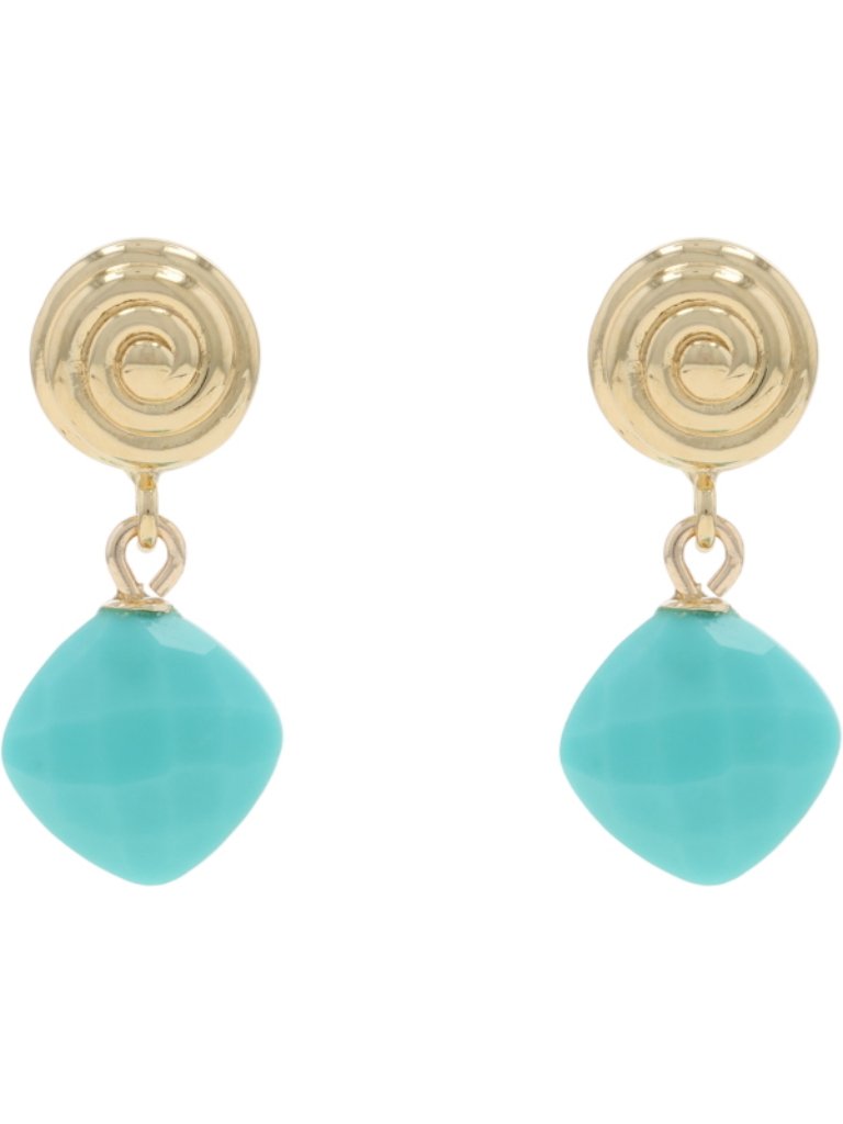 Yellow Gold Turquoise Dangle Earrings - 14k Cushion Checkerboard Pierced